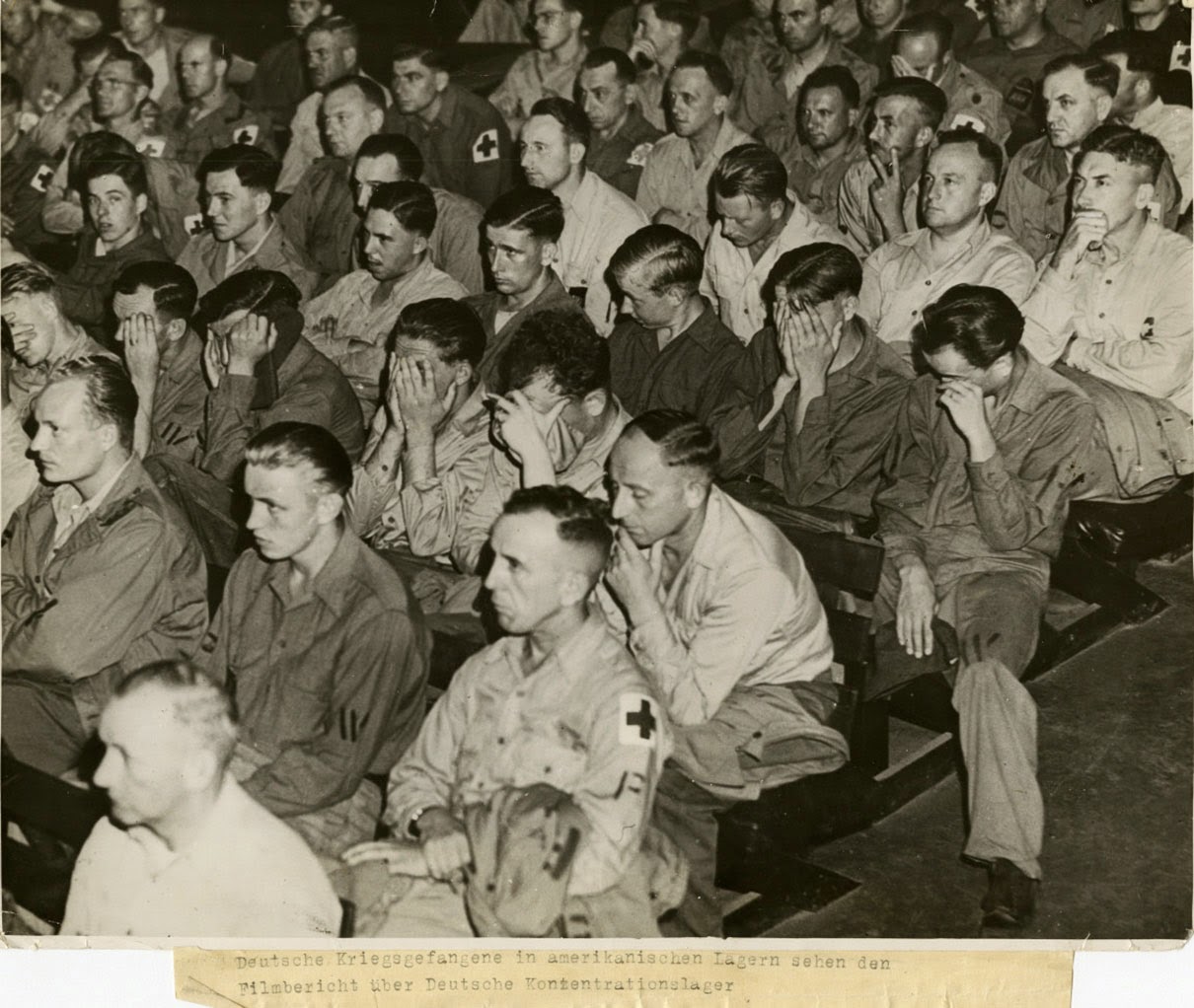 German soldiers react to footage of concentration camps, 1945